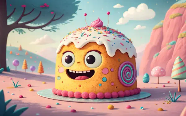 A cheerful cartoon pound cake with a smiling face, topped with frosting, sprinkles, and a cherry, set in a whimsical pastel landscape. 4K Ultra HD desktop wallpaper.