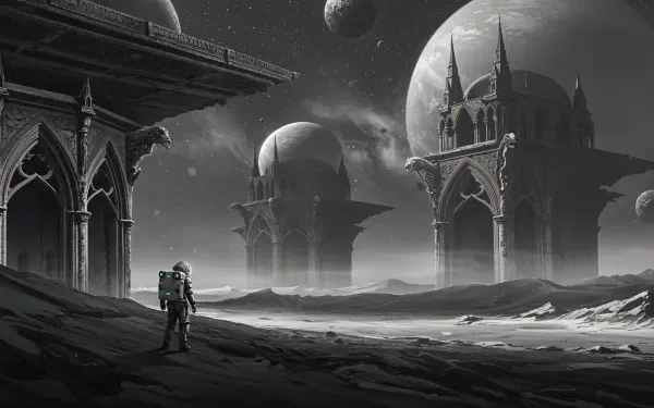 A grayscale 4K Ultra HD wallpaper depicting an astronaut standing on a lunar landscape, with towering gothic structures and several planets in the background.
