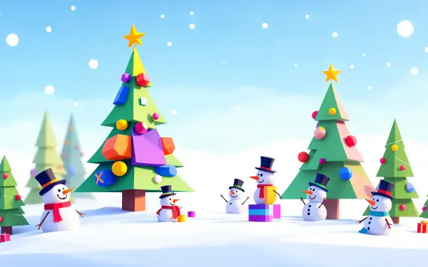 A vibrant holiday scene featuring colorful Christmas trees and cheerful snowmen in a snowy landscape, perfect as a joyful 4K Ultra HD desktop wallpaper.