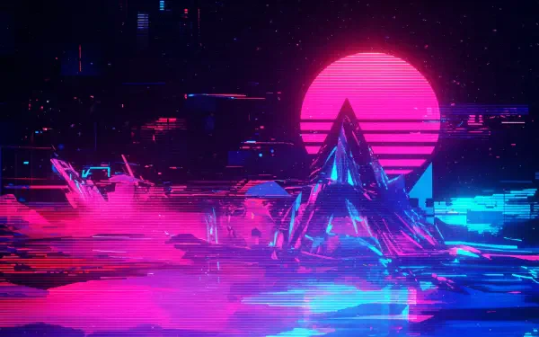 A vibrant digital glitch scene featuring a neon pink sun and geometric shapes, set against a dark background, creating an eye-catching 4K Ultra HD PC desktop wallpaper.