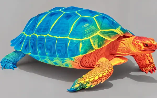 A vibrant tortoise with a striking blue, yellow, and orange shell in a 4K Ultra HD setting, offering a colorful and detailed backdrop for a desktop wallpaper.