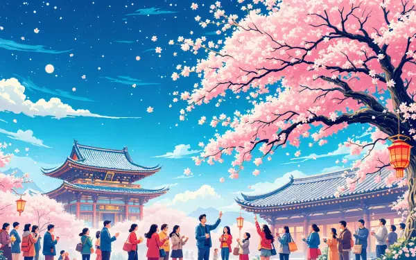 A vibrant scene depicting a joyful holiday celebration under blooming cherry blossoms, featuring people gathered near traditional architecture, set against a bright blue sky, in 4K Ultra HD quality.