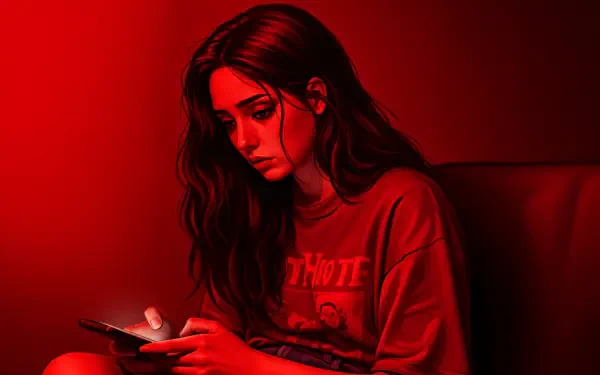 A sad lofi girl sits in a dimly lit room, absorbed in her phone. The image exudes a melancholic vibe, presented as a 4K Ultra HD desktop wallpaper and background.