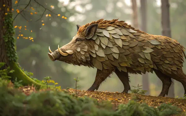 A detailed fantasy boar made of leaf-like textures walks through a misty forest, captured in a 4K Ultra HD wildlife and nature desktop wallpaper.