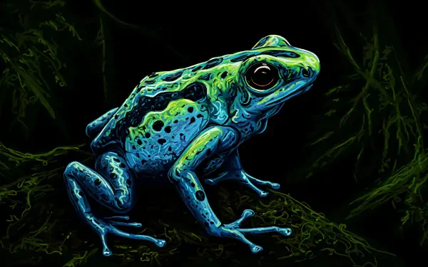 A vibrant poison dart frog sits on a mossy surface, showcasing its striking blue and green colors against a dark background. A stunning 4K Ultra HD PC desktop wallpaper.