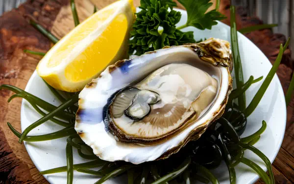 A stunning close-up of a fresh oyster served on a bed of seaweed, accompanied by a lemon wedge and herbs, featured as a 4K Ultra HD PC desktop wallpaper.