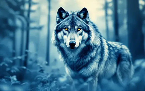 A majestic gray wolf with piercing eyes stands in a misty forest rendered in blue tones, captured in stunning 4K Ultra HD for desktop wallpaper and nature appreciation.