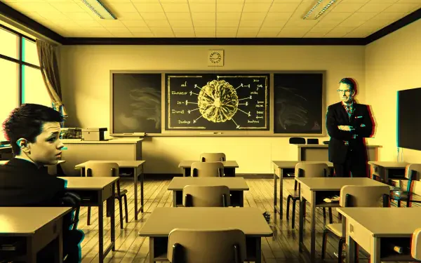 A vibrant 4K Ultra HD wallpaper showcases a classroom with a teacher and student, featuring a chalkboard filled with biology concepts and a warm, inviting atmosphere.