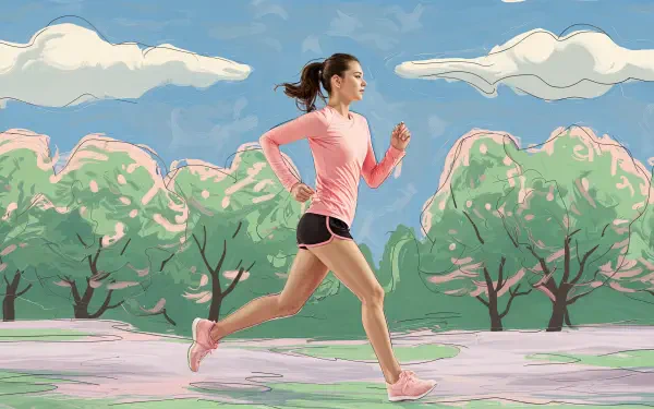 A woman jogs energetically in a park, surrounded by lush green trees and a vibrant blue sky, captured in a 4K Ultra HD desktop wallpaper.