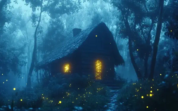 A cozy cabin nestled in a magical forest, illuminated by warm light from its windows, surrounded by a misty atmosphere and glowing fireflies, creating an enchanting fantasy landscape.