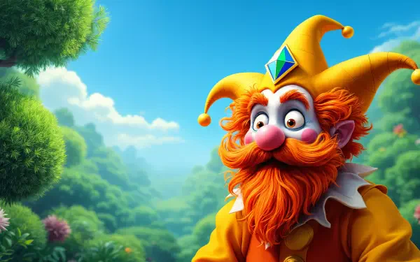 A colorful jester with a vibrant orange beard and a playful expression stands against a lush green landscape under a bright blue sky. 4K Ultra HD PC desktop wallpaper.