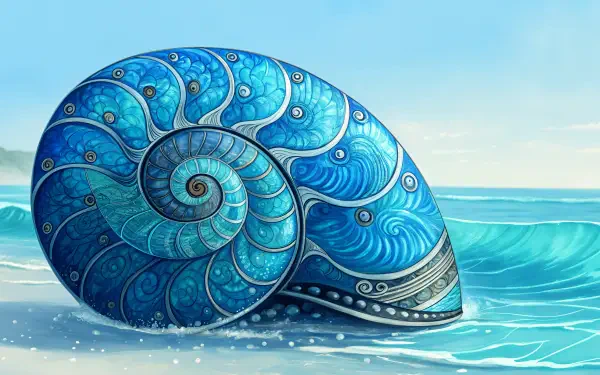 A vibrant sea snail rests on the shore, its intricate blue patterns reflecting the waves, set against a serene beach backdrop. 4K Ultra HD PC Desktop Wallpaper and Background.