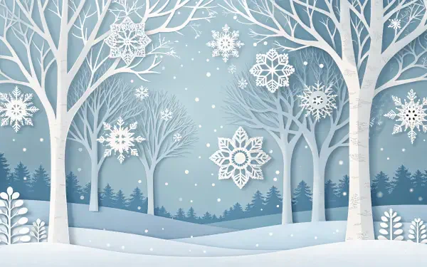 A serene winter forest scene featuring snow-covered trees and delicate snowflakes, rendered in 4K Ultra HD, perfect as a desktop wallpaper or background.