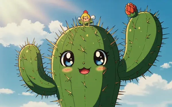 A whimsical prickly pear cactus character with large, expressive eyes and a small figure on top, set against a bright sky, perfect for a vibrant 4K Ultra HD desktop wallpaper.