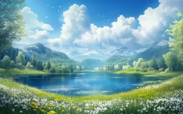 Illustrated HD desktop wallpaper of a vibrant spring landscape with blooming flowers, lush greenery, a calm lake, distant mountains, and a bright blue sky with fluffy clouds.