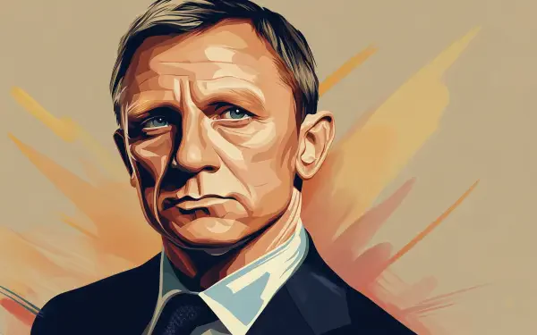 A stylized HD wallpaper featuring Daniel Craig as James Bond, showcasing his intense expression against a vibrant background. Perfect for fans of the iconic spy character.