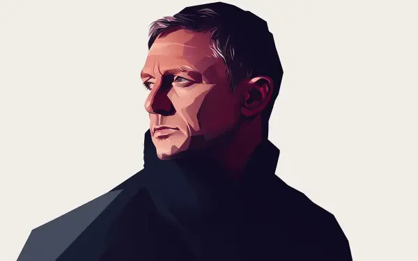 A stylized HD illustration of Daniel Craig, portraying his iconic role as James Bond, featuring sharp angles and a bold color palette. Ideal as a desktop wallpaper.
