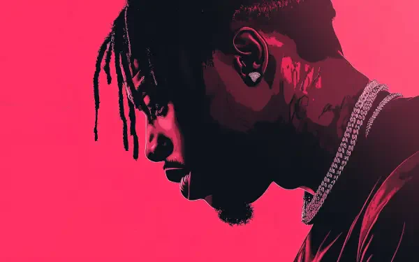 A striking HD wallpaper featuring rapper Travis Scott, silhouetted against a bold pink background, capturing his profile with intricate details and vibrant colors.