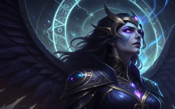 A majestic figure with dark wings and ornate armor gazes with intensity, set against a mystical backdrop featuring glowing symbols and celestial imagery. 4K Ultra HD quality.