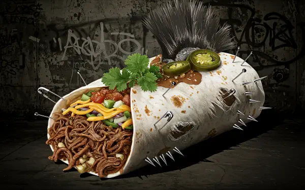 A striking 4K Ultra HD desktop wallpaper features a unique burrito adorned with spikes, cilantro, jalapeños, and vibrant fillings against a gritty graffiti backdrop.