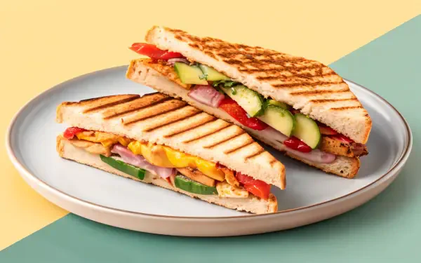 A close-up of two delicious panini sandwiches on a light blue plate, showcasing vibrant fillings of vegetables and melted cheese, set against a soft, colorful background. 