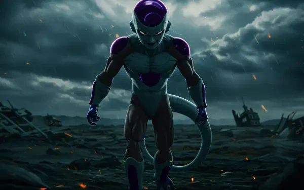 Frieza from Dragon Ball stands menacingly against a stormy backdrop in this stunning 4K Ultra HD PC desktop wallpaper, capturing the essence of power and domination.