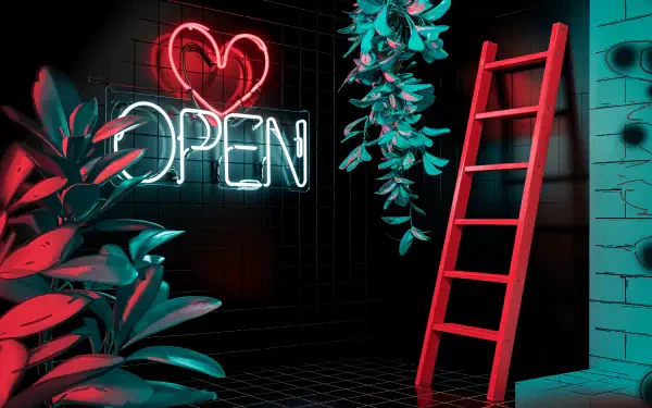 A vibrant 4K Ultra HD desktop wallpaper featuring a neon OPEN sign, lush green plants, and a striking red ladder against a dark background, creating a modern urban ambiance.