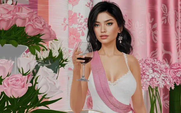 A woman in elegant attire holds a glass of wine at a bridal shower. The backdrop features pink flowers and decor, creating a festive atmosphere in this 4K Ultra HD wallpaper.