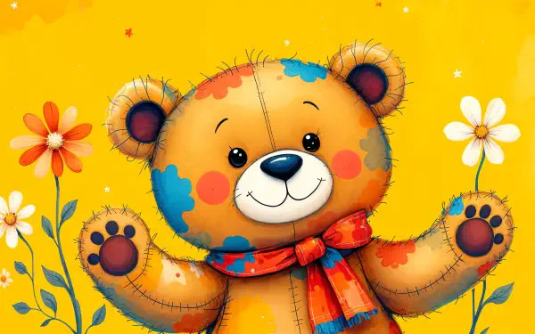 A cheerful teddy bear with a colorful patchwork design holds flowers against a bright yellow background, perfect for a vibrant 4K Ultra HD PC desktop wallpaper.