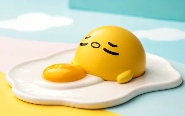 A vibrant 4K Ultra HD desktop wallpaper featuring Gudetama, the lazy egg, resting on an egg white background with soft pastel colors, embodying a relaxed and whimsical aesthetic.