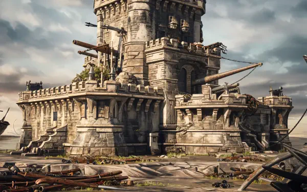A detailed depiction of a fortified tower, featuring cannons and a rugged landscape, presented as a 4K Ultra HD PC desktop wallpaper and background.