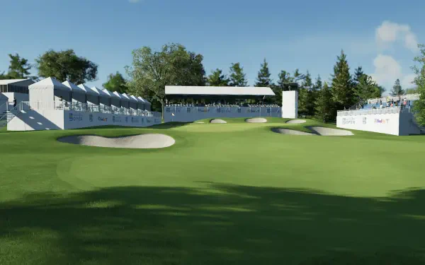 Detailed HD wallpaper featuring a golf course from the video game PGA TOUR 2K25, showcasing lush greens, sand traps, and spectator stands under a clear blue sky.