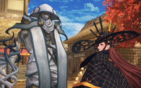 A dynamic scene from the video game Fate/Samurai Remnant, showcasing two characters in a vibrant setting with traditional architecture and colorful autumn foliage. 4K Ultra HD quality.