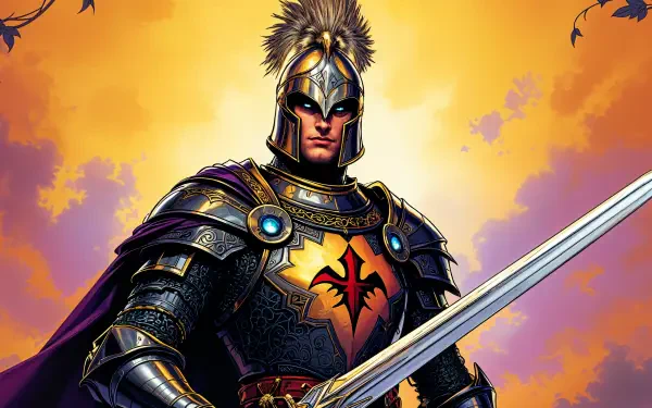 A fantasy knight stands confidently in gleaming armor, holding a sword, with a vibrant sunset backdrop. This striking image serves as a 4K Ultra HD PC desktop wallpaper.