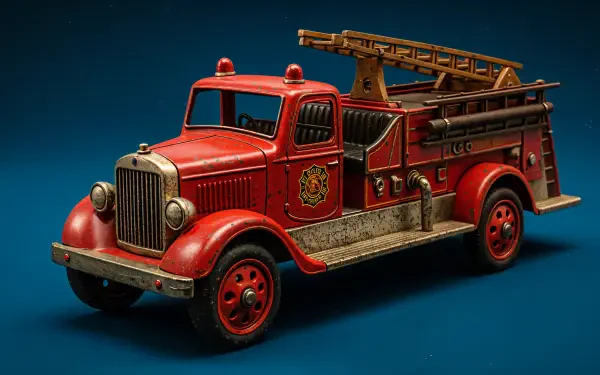 A detailed close-up of a vintage red fire truck toy, showcasing its iconic ladder and emblem, set against a rich blue background, suitable as a 4K Ultra HD PC desktop wallpaper.
