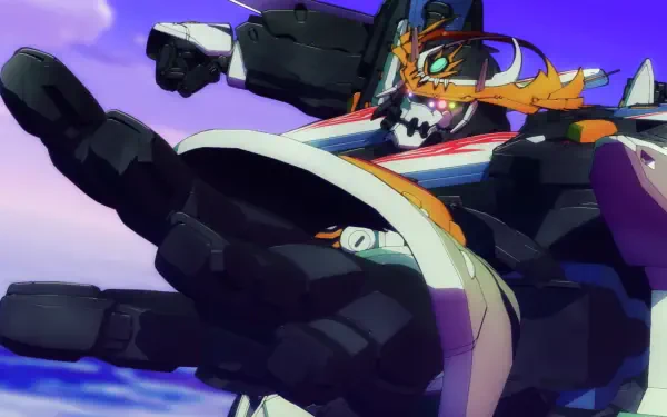 An intense scene from Aquarion: Myth of Emotions, featuring a striking mecha with dynamic colors against a vibrant sky, captured in high-definition for a captivating desktop wallpaper.