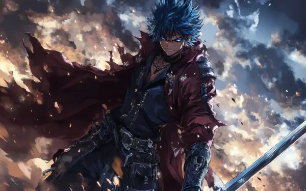 Anime boy in a dynamic pose, showcasing fierce determination. With striking blue hair and a dramatic cape, he wields a sword against a backdrop of tumultuous clouds. Perfect for a HD PC desktop wallpaper.