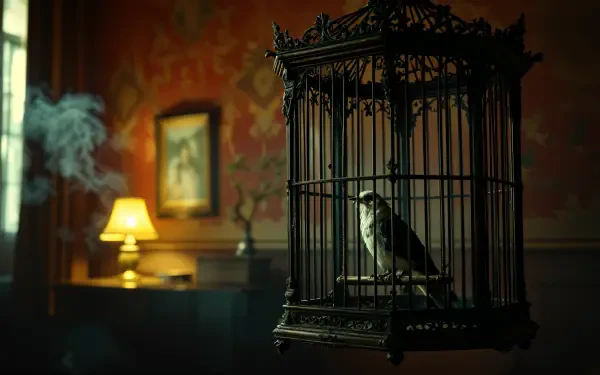 A detailed birdcage houses a perched bird, set against an atmospheric room with soft lighting and smoke, creating a captivating 4K Ultra HD desktop wallpaper.