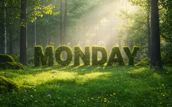 A serene forest scene featuring the word MONDAY formed from lush greenery, with soft sunlight filtering through the trees, creating a tranquil 4K Ultra HD desktop background.