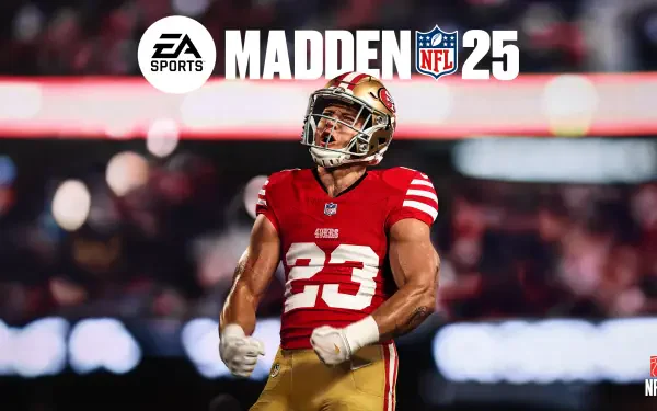EA SPORTS Madden NFL 25 HD desktop wallpaper featuring a player in a red jersey expressing excitement on the field, set against a vibrant, blurred stadium background.