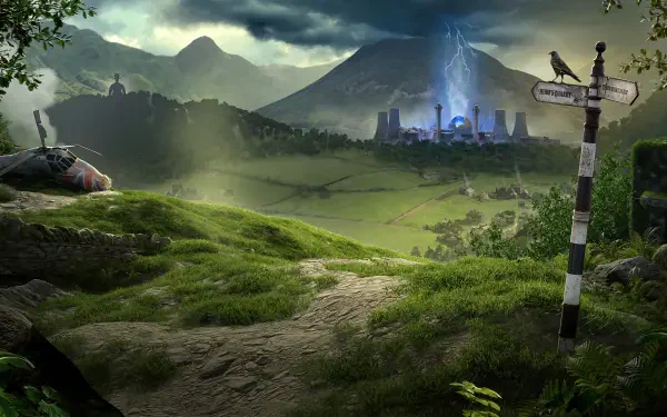 A stunning 4K Ultra HD wallpaper from the video game Atomfall, featuring a lush landscape with mountains, a mystical blue structure, and an intriguing signpost in a serene setting.