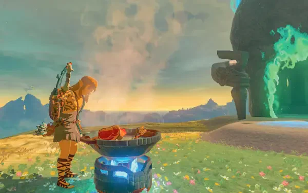 HD PC desktop wallpaper from The Legend of Zelda: Tears of the Kingdom, featuring Link cooking on a grill in a vibrant, open-world landscape at sunset.