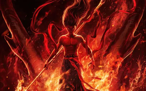 Nezha 2, 4K Ultra HD PC desktop wallpaper and background: fiery warrior with flaming hair and twin weapons, standing amid roaring inferno against a dark, smoky backdrop.