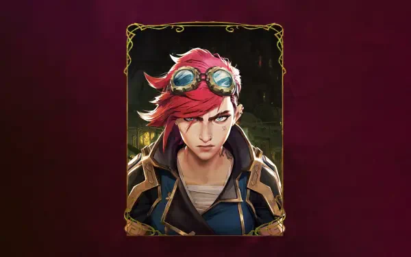 Arcane 5K Ultra HD PC desktop wallpaper: portrait of a red-haired character with goggles, intense stare, layered jacket, ornate gold frame on a deep burgundy background.