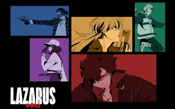 Anime-style HD PC desktop wallpaper featuring five distinct characters from Lazarus, each in vibrant colored panels against a black background with the LAZARUS title.