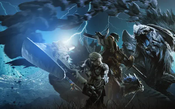 A dramatic scene from Monster Hunter Wilds features a fierce battle with a hunter wielding a large sword, surrounded by majestic monsters and a stormy sky in vibrant 4K Ultra HD.