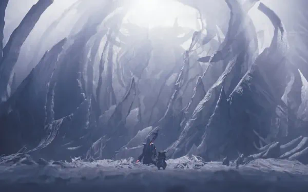 A stunning HD wallpaper from Monster Hunter Wilds, featuring a lone hunter amidst towering, icy formations and a bright light breaking through a misty atmosphere.
