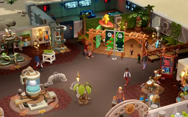 A vibrant scene from the video game Two Point Museum, showcasing a bustling exhibition space filled with diverse attractions and characters, presented as an HD PC desktop wallpaper.