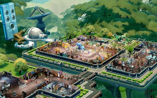 A vibrant HD wallpaper showcasing Two Point Museum, featuring various exhibit spaces and lush greenery, set in a whimsical video game environment.