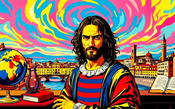 A vibrant 4K Ultra HD desktop wallpaper featuring a Renaissance figure with a colorful, swirling background, set against a scenic cityscape.